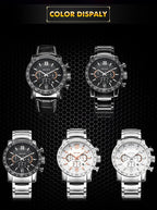 MEGIR 3008 men's chronograph watch color display showing black and white dials with leather and steel bracelets