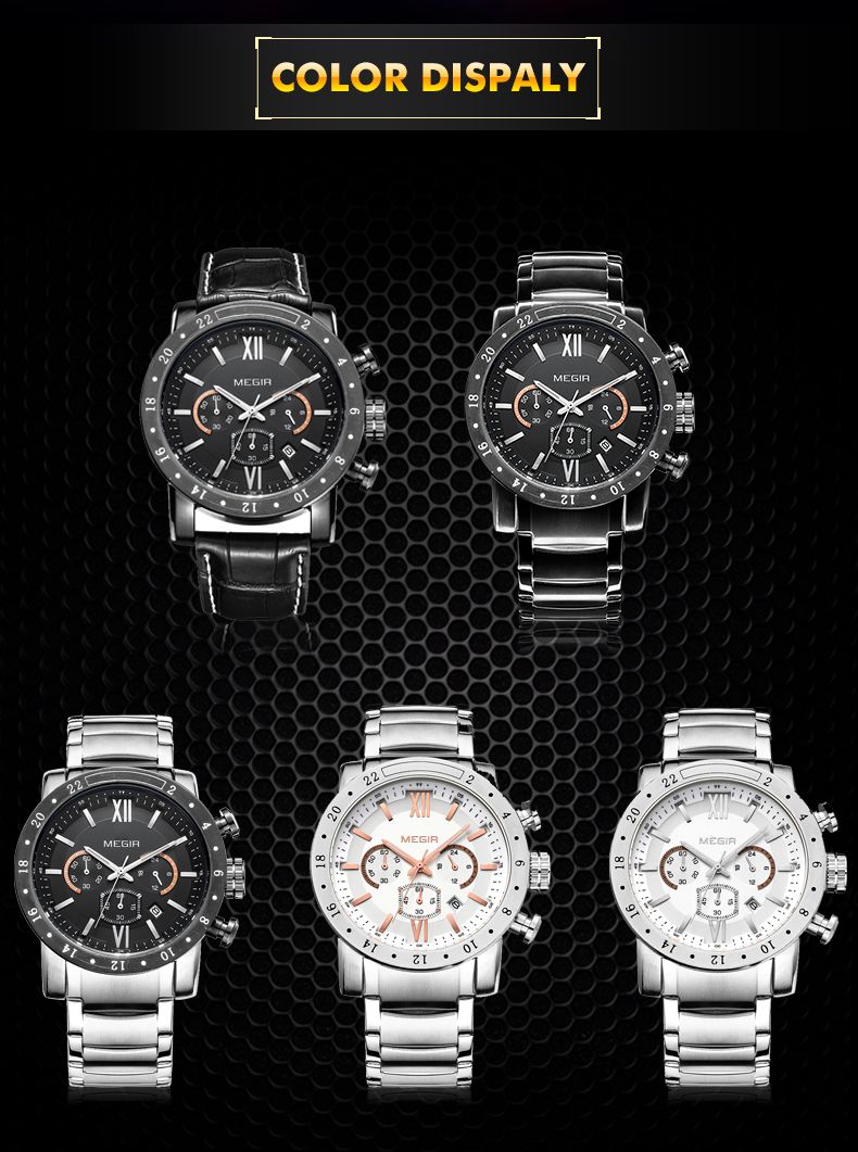 MEGIR 3008 men's chronograph watch color display showing black and white dials with leather and steel bracelets