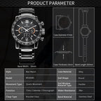 MEGIR 3008 men's chronograph watch parameters graphic with case diameter, thickness and band dimensions