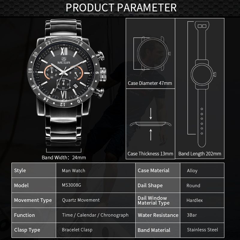 MEGIR 3008 men's chronograph watch parameters graphic with case diameter, thickness and band dimensions