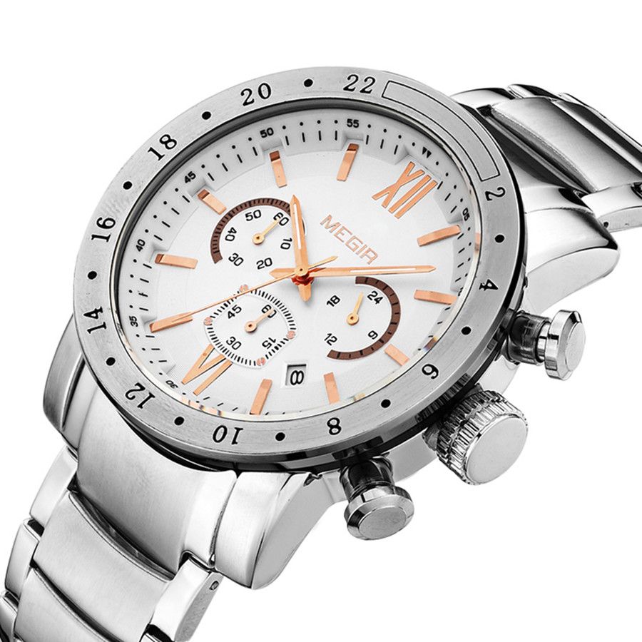 MEGIR 3008 men's chronograph watch, silver case with white dial, rose-gold accents and steel bracelet, three-quarter view
