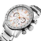 MEGIR 3008 men's chronograph watch, silver case with white dial, rose-gold accents and steel bracelet, three-quarter view
