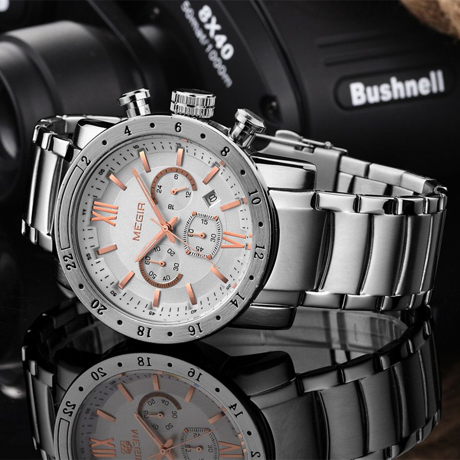 MEGIR 3008 men's chronograph watch, silver case with white dial, rose-gold accents and steel bracelet, angled view