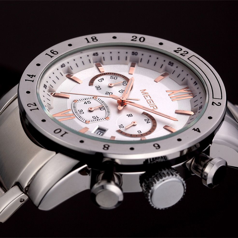 MEGIR 3008 men's chronograph watch close-up, silver case with white dial, rose-gold accents and steel bracelet