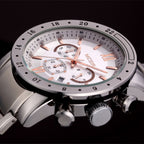 MEGIR 3008 men's chronograph watch close-up, silver case with white dial, rose-gold accents and steel bracelet