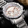 MEGIR 3008 men's chronograph watch, silver case with white dial, rose-gold accents and steel bracelet, front view