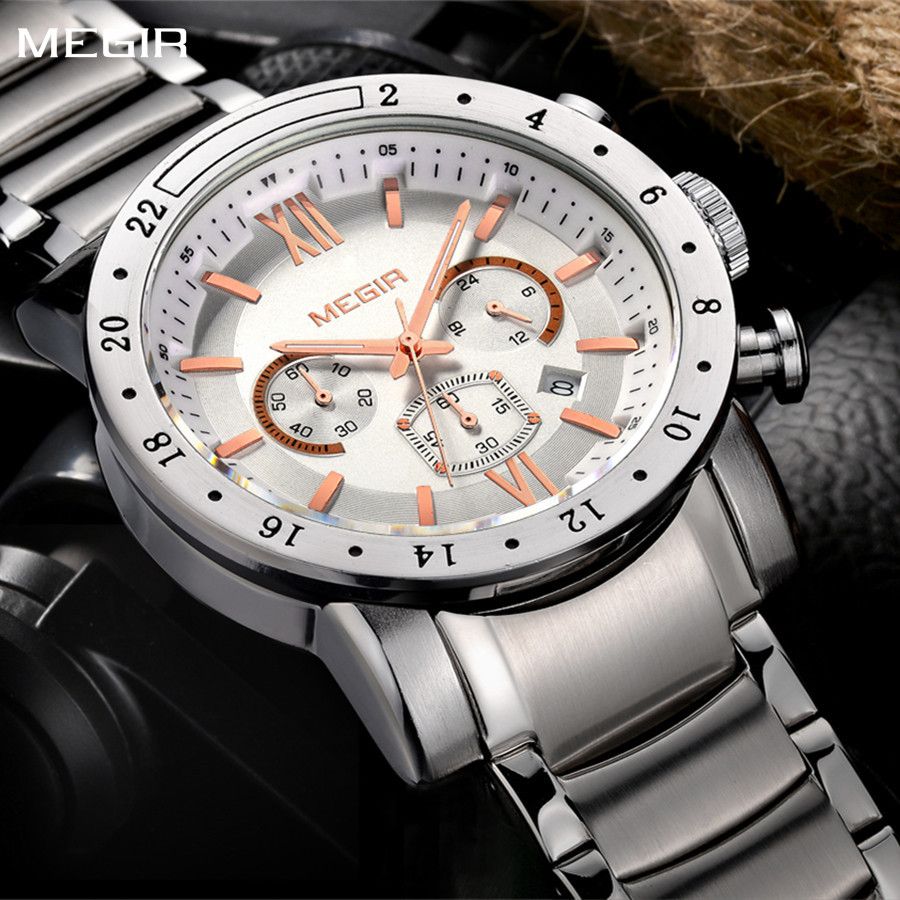 MEGIR 3008 men's chronograph watch, silver case with white dial, rose-gold accents and steel bracelet, front view