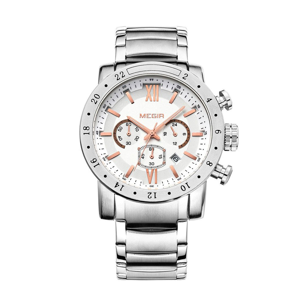 MEGIR 3008 men's chronograph watch, silver case with white dial, rose-gold accents and steel bracelet, studio front view