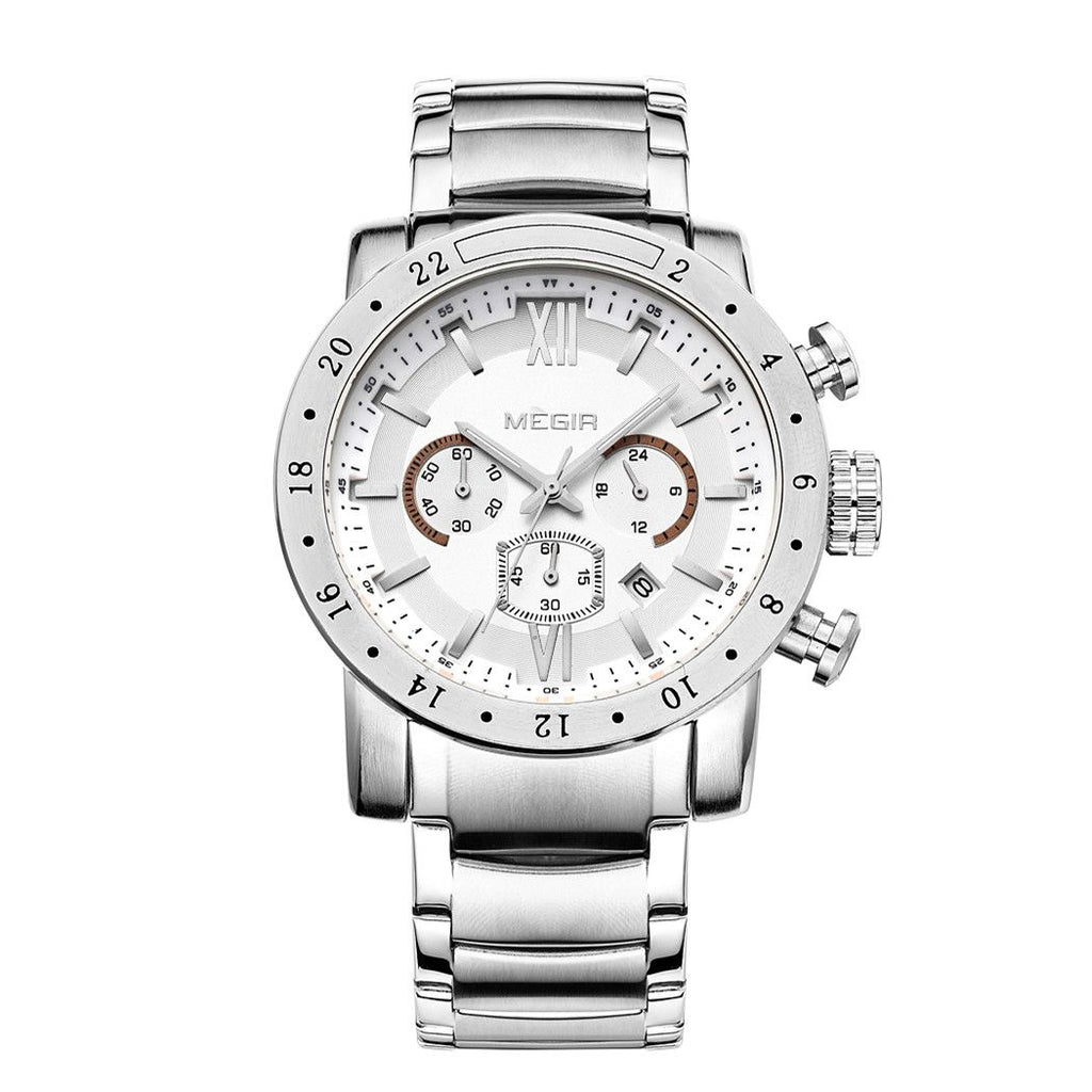 MEGIR 3008 men's chronograph watch, silver case with white dial, silver accents and steel bracelet, studio front view