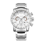 MEGIR 3008 men's chronograph watch, silver case with white dial, silver accents and steel bracelet, studio front view