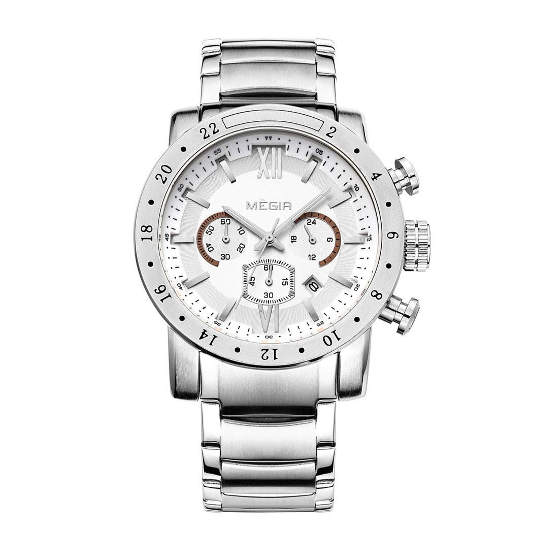 MEGIR 3008 men's chronograph watch, silver case with white dial, silver accents and steel bracelet, studio front view