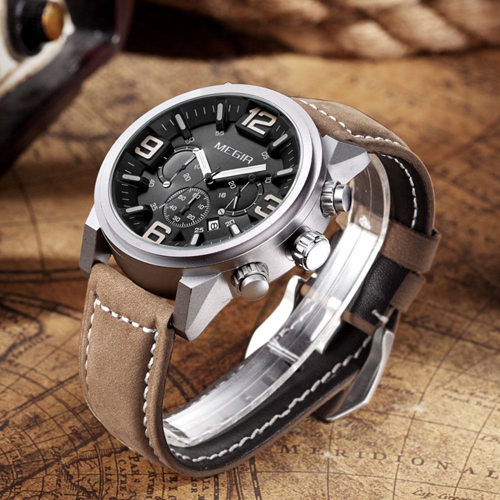 MEGIR 3010 men's chronograph watch, silver case with black dial and brown leather strap, three-quarter view