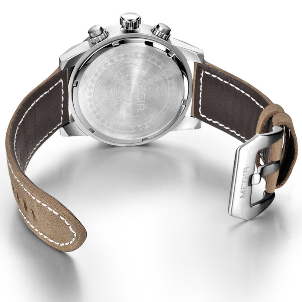 MEGIR 3010 men's chronograph watch caseback with engravings, silver case, brown leather strap and buckle