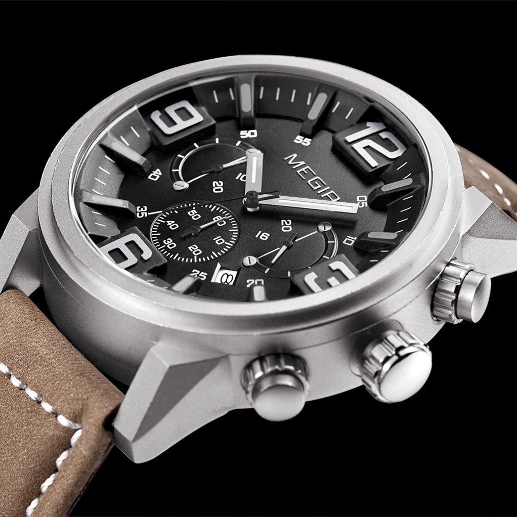 MEGIR 3010 men's chronograph watch close-up, silver case with black dial, sub-dials and brown leather strap