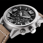 MEGIR 3010 men's chronograph watch close-up, silver case with black dial, sub-dials and brown leather strap
