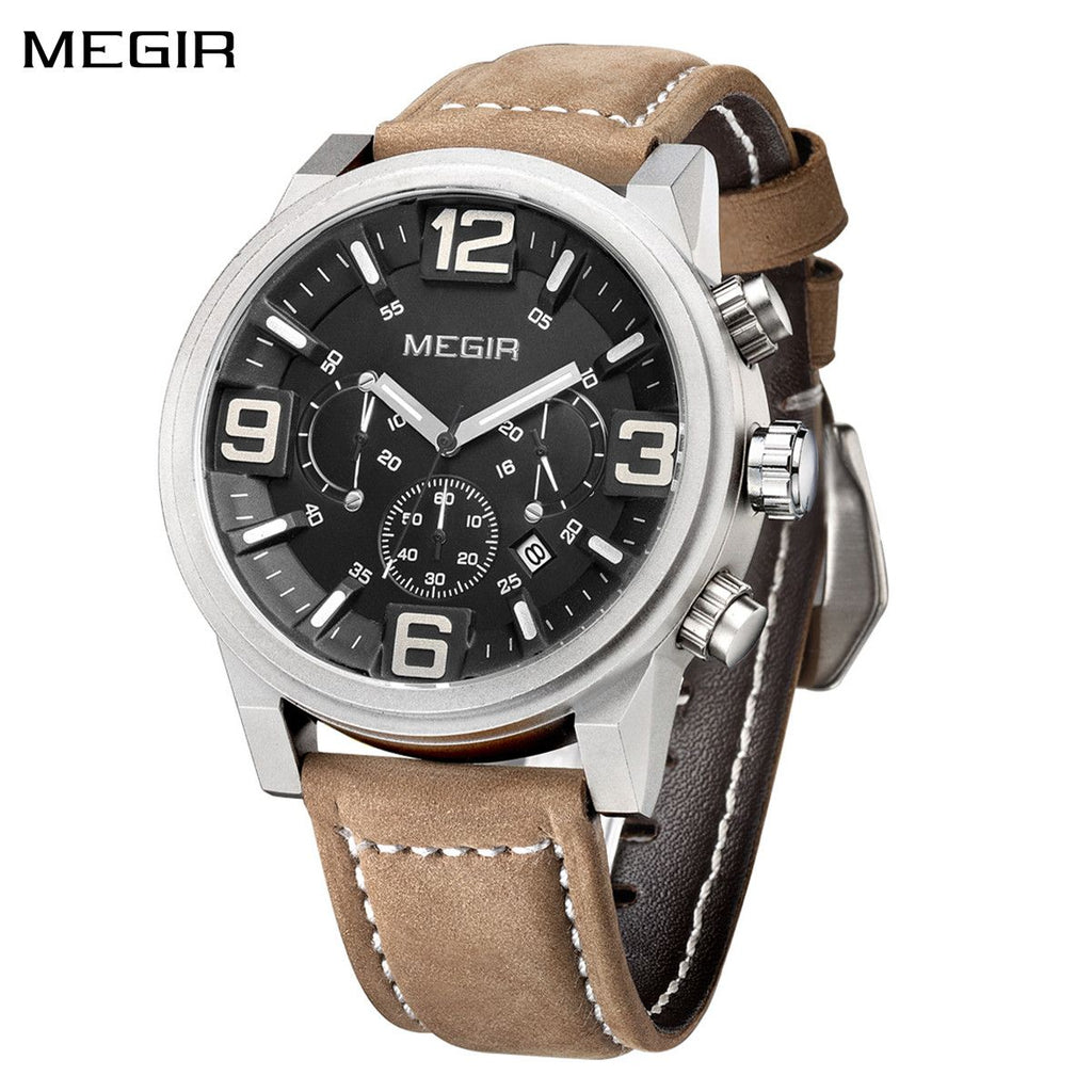 MEGIR 3010 men's chronograph watch, silver case with black dial, sub-dials and brown leather strap, front view