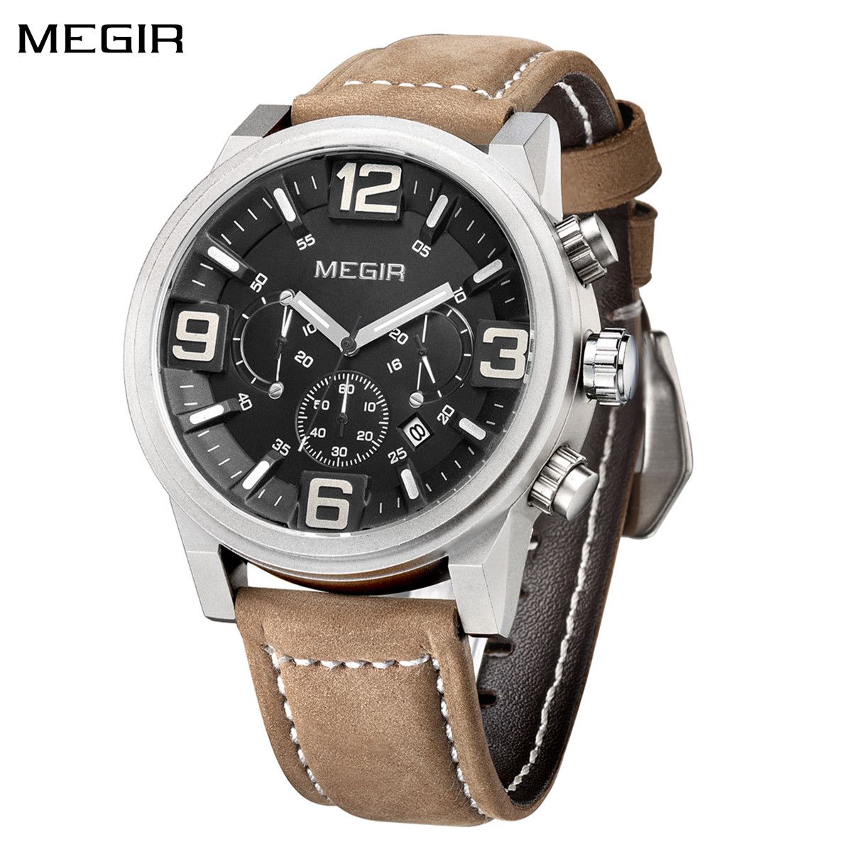 MEGIR 3010 men's chronograph watch, silver case with black dial, sub-dials and brown leather strap, front view