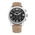 MEGIR 3010 men's chronograph watch, silver case with black dial, sub-dials and brown leather strap, studio front view