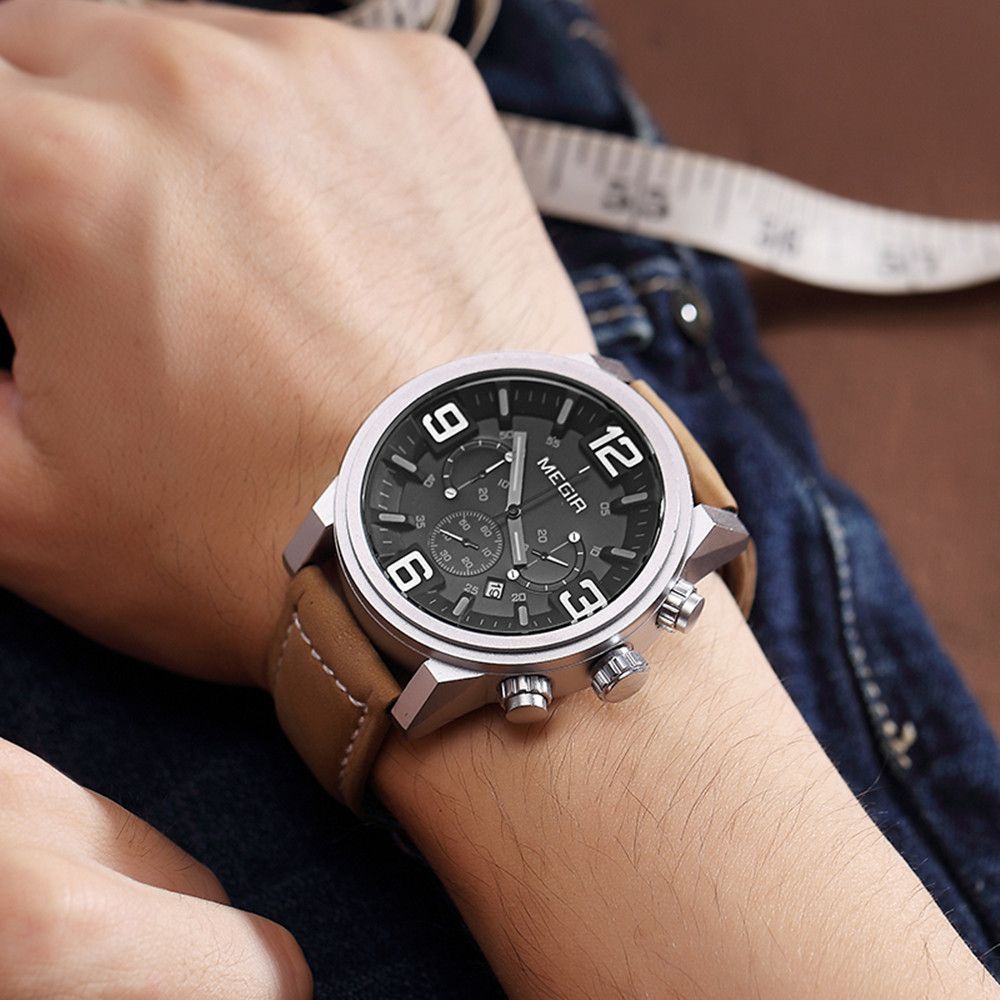 MEGIR 3010 men's chronograph watch on the wrist, silver case with black dial and brown leather strap