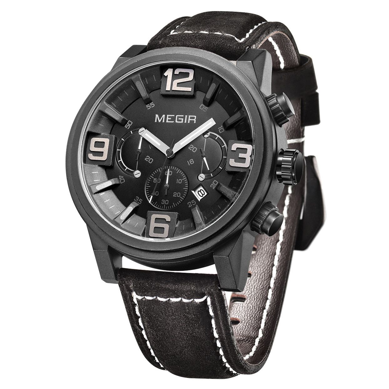MEGIR 3010 men's chronograph watch, black case with black dial, sub-dials and black leather strap, studio view