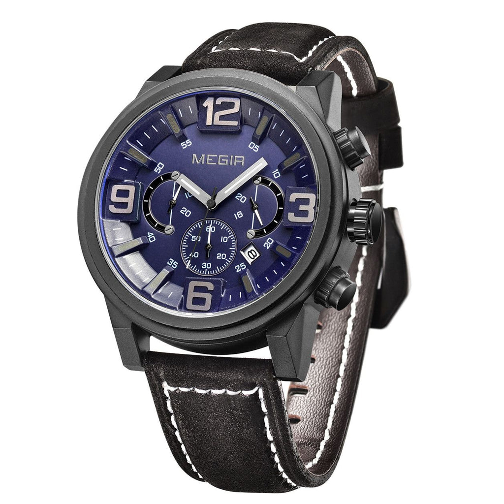 MEGIR 3010 men's chronograph watch, black case with blue dial, sub-dials and black leather strap, studio view