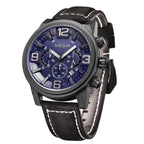 MEGIR 3010 men's chronograph watch, black case with blue dial, sub-dials and black leather strap, studio view