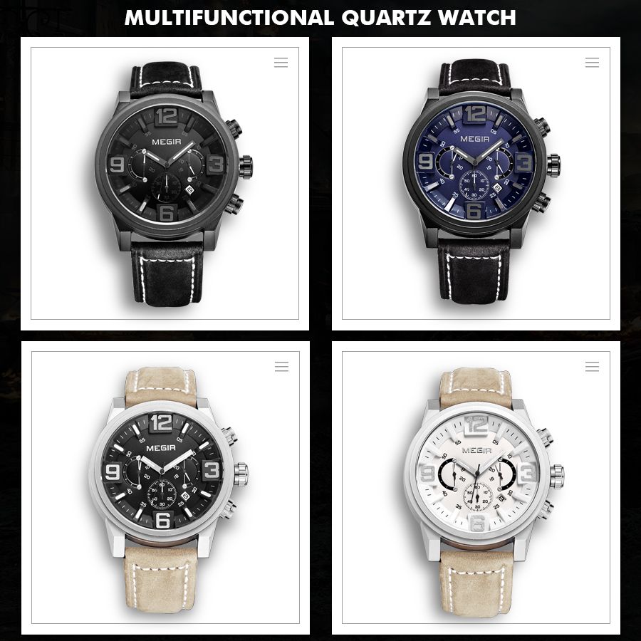 MEGIR 3010 men's chronograph watch color display showing black, blue and white dials with leather straps
