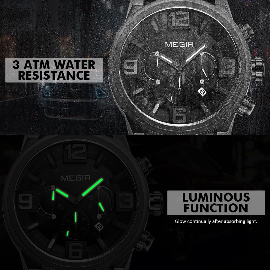 MEGIR 3010 men's chronograph watch feature graphic showing water resistance and luminous hands in the dark
