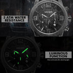 MEGIR 3010 men's chronograph watch feature graphic showing water resistance and luminous hands in the dark