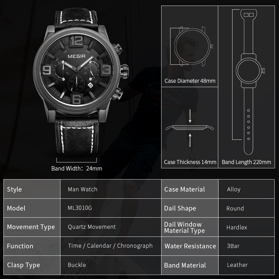 MEGIR 3010 men's chronograph watch parameters graphic with case diameter, thickness and band dimensions