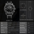 MEGIR 3010 men's chronograph watch parameters graphic with case diameter, thickness and band dimensions