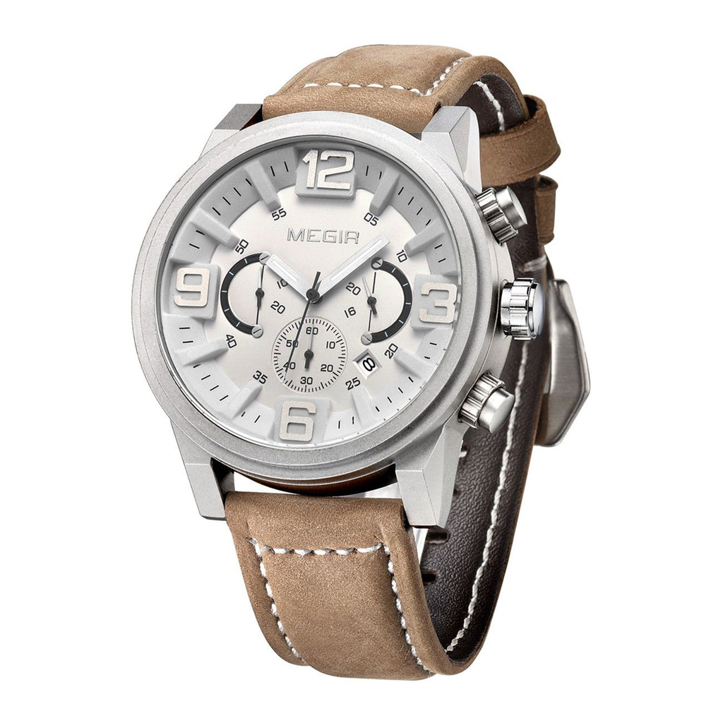 MEGIR 3010 men's chronograph watch, silver case with white dial, sub-dials and brown leather strap, studio view