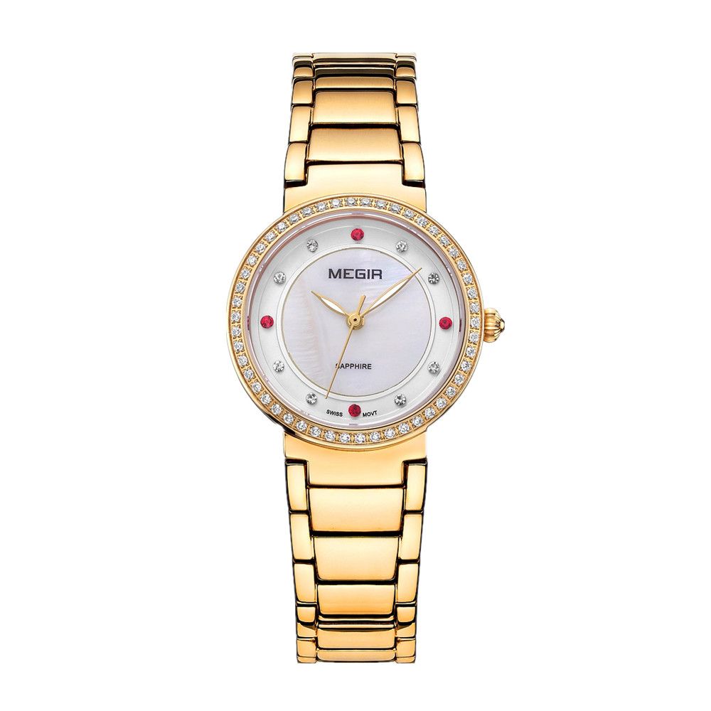 MEGIR 4164 women's quartz watch, gold-tone case and bracelet with mother-of-pearl crystal-set dial, front view