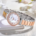 MEGIR 4164 women's quartz watch, rose-gold case and two-tone bracelet with mother-of-pearl dial, three-quarter view