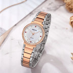 MEGIR 4164 women's quartz watch, rose-gold case and two-tone bracelet with mother-of-pearl dial, angled view