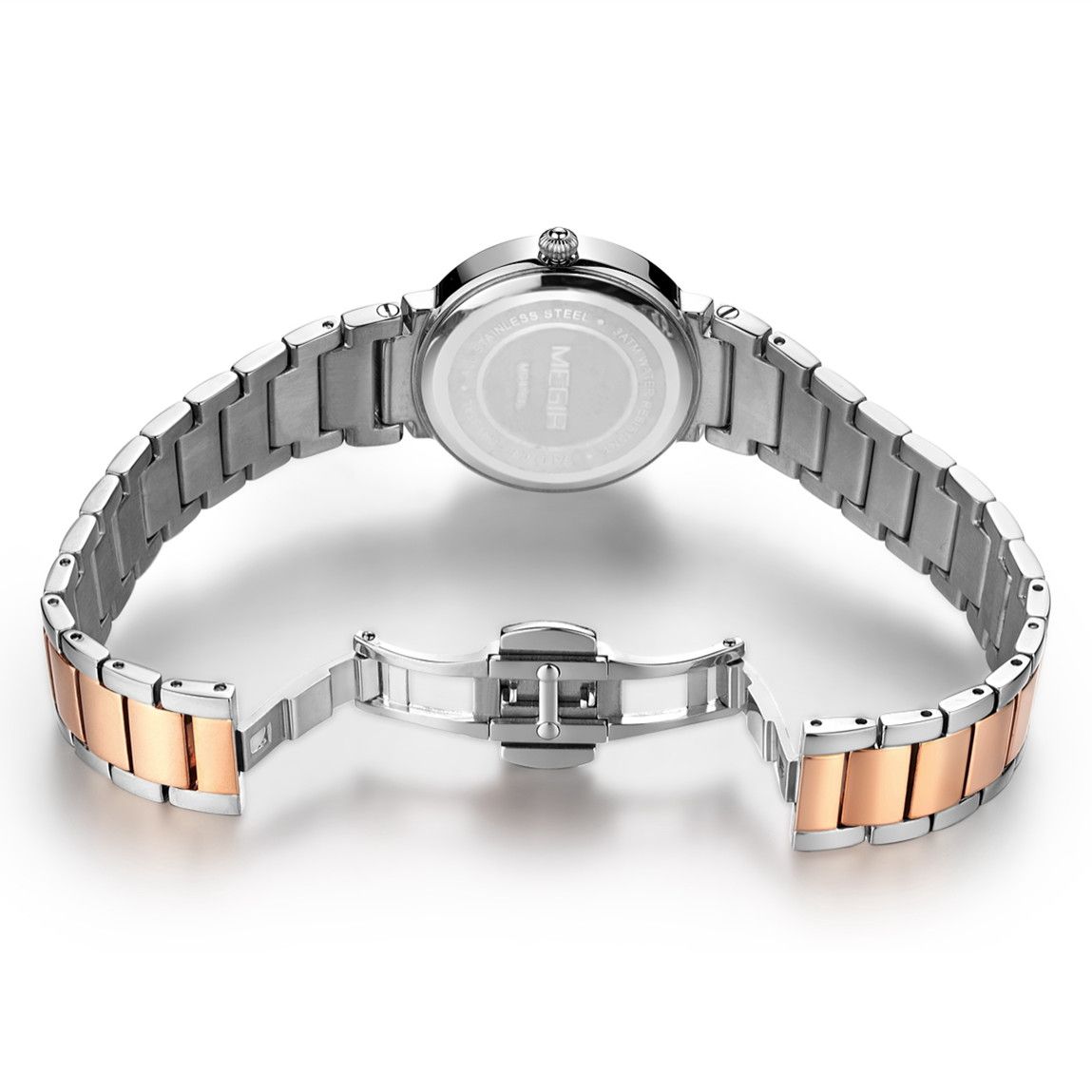 MEGIR 4164 women's quartz watch caseback with engravings, two-tone bracelet and folding clasp