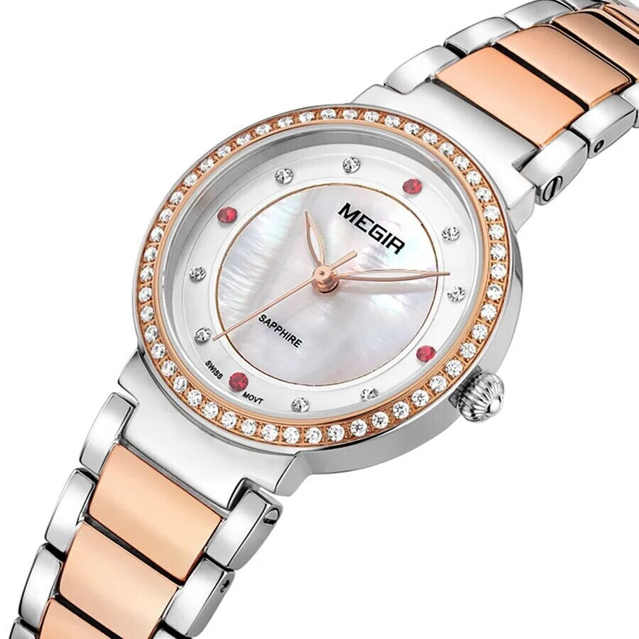 MEGIR 4164 women's quartz watch close-up, rose-gold crystal-set bezel with mother-of-pearl dial and two-tone bracelet