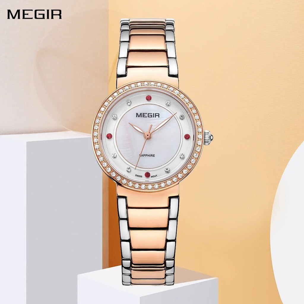 MEGIR 4164 women's quartz watch, rose-gold case and two-tone bracelet with mother-of-pearl crystal-set dial, front view