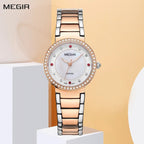 MEGIR 4164 women's quartz watch, rose-gold case and two-tone bracelet with mother-of-pearl crystal-set dial, front view