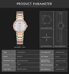 MEGIR 4164 women's quartz watch parameters graphic with case diameter, thickness and band dimensions