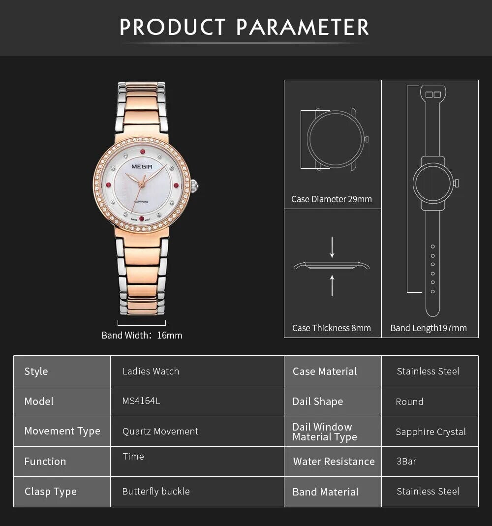MEGIR 4164 women's quartz watch parameters graphic with case diameter, thickness and band dimensions