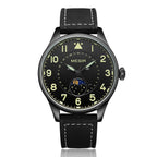 MEGIR 4193 men's moon-phase watch, black case with black dial, luminous numerals and black leather strap, front view