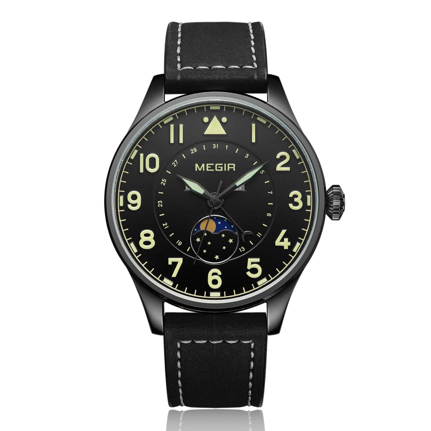 MEGIR 4193 men's moon-phase watch, black case with black dial, luminous numerals and black leather strap, front view
