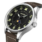 MEGIR 4193 men's moon-phase watch, silver case with black dial and brown leather strap, angled view
