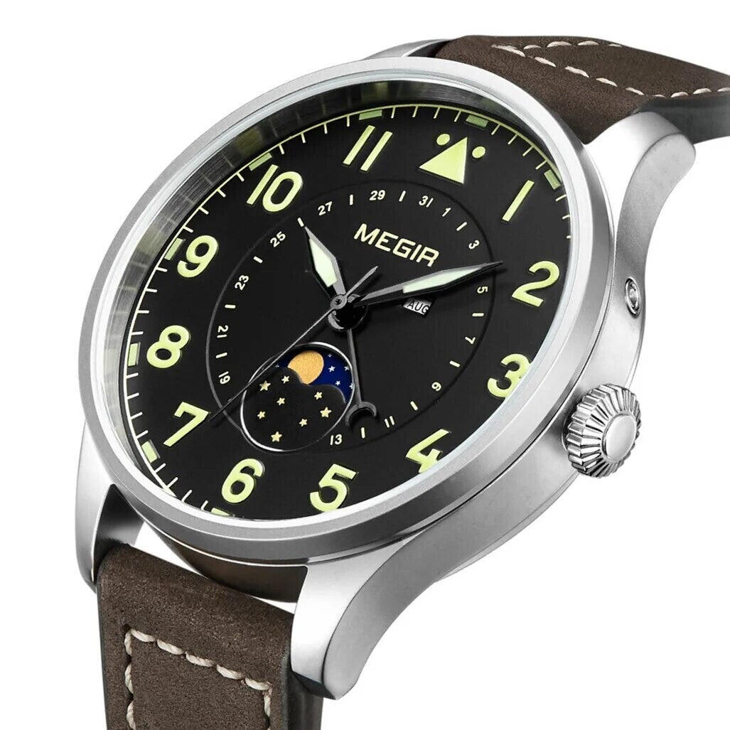 MEGIR 4193 men's moon-phase watch, silver case with black dial and brown leather strap, angled view
