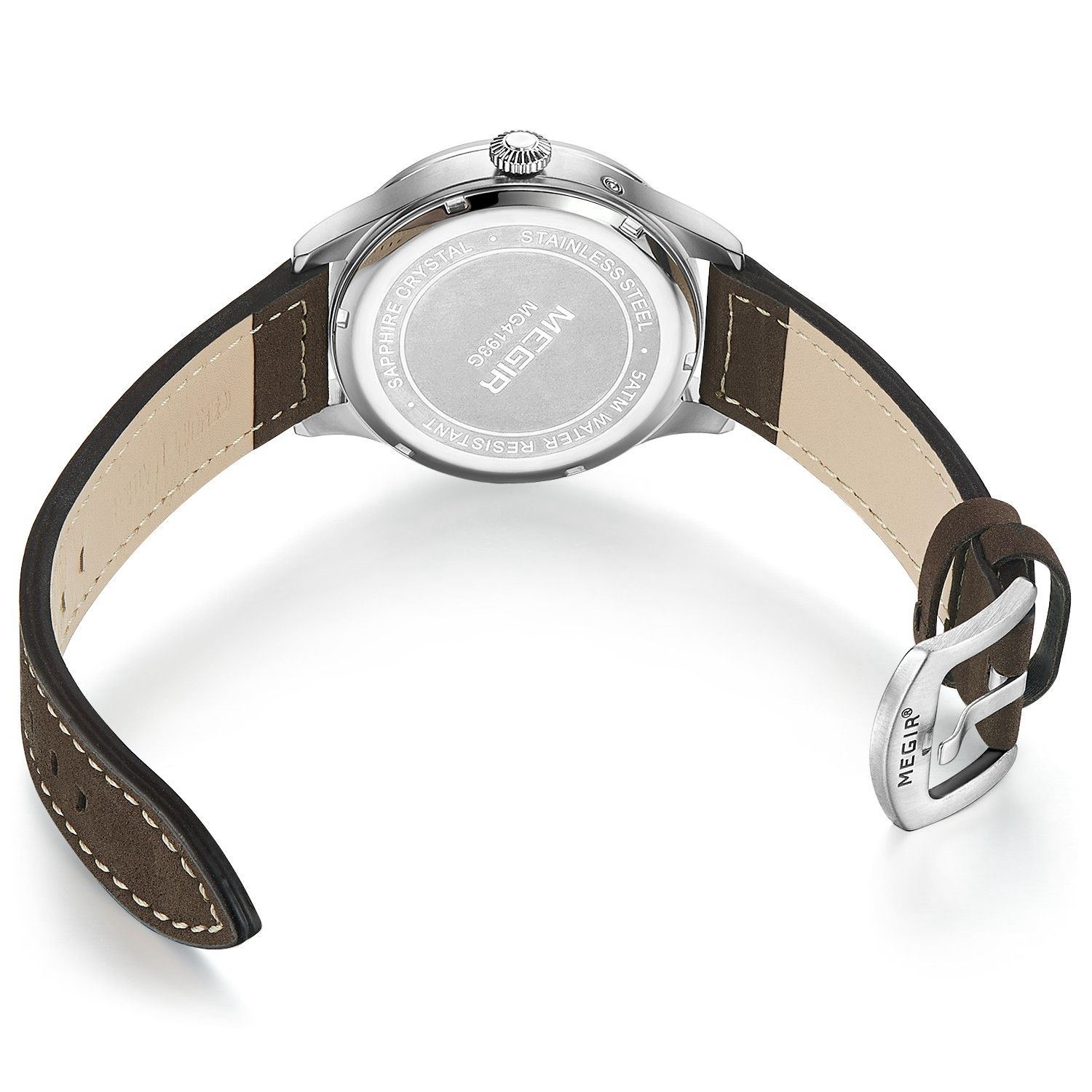 MEGIR 4193 men's moon-phase watch caseback with engravings, silver case, brown leather strap and buckle