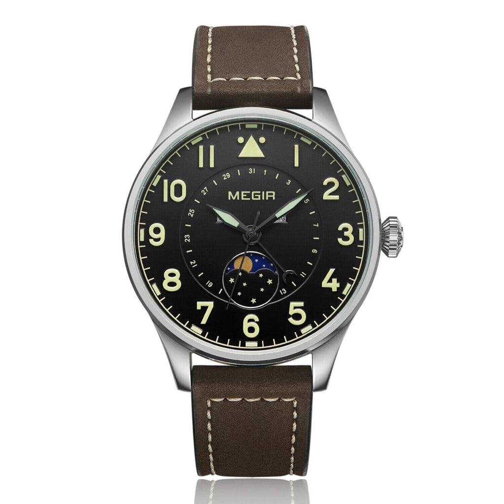MEGIR 4193 men's moon-phase watch, silver case with black dial, luminous numerals and brown leather strap, front view