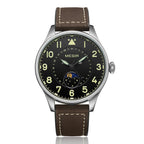 MEGIR 4193 men's moon-phase watch, silver case with black dial, luminous numerals and brown leather strap, front view