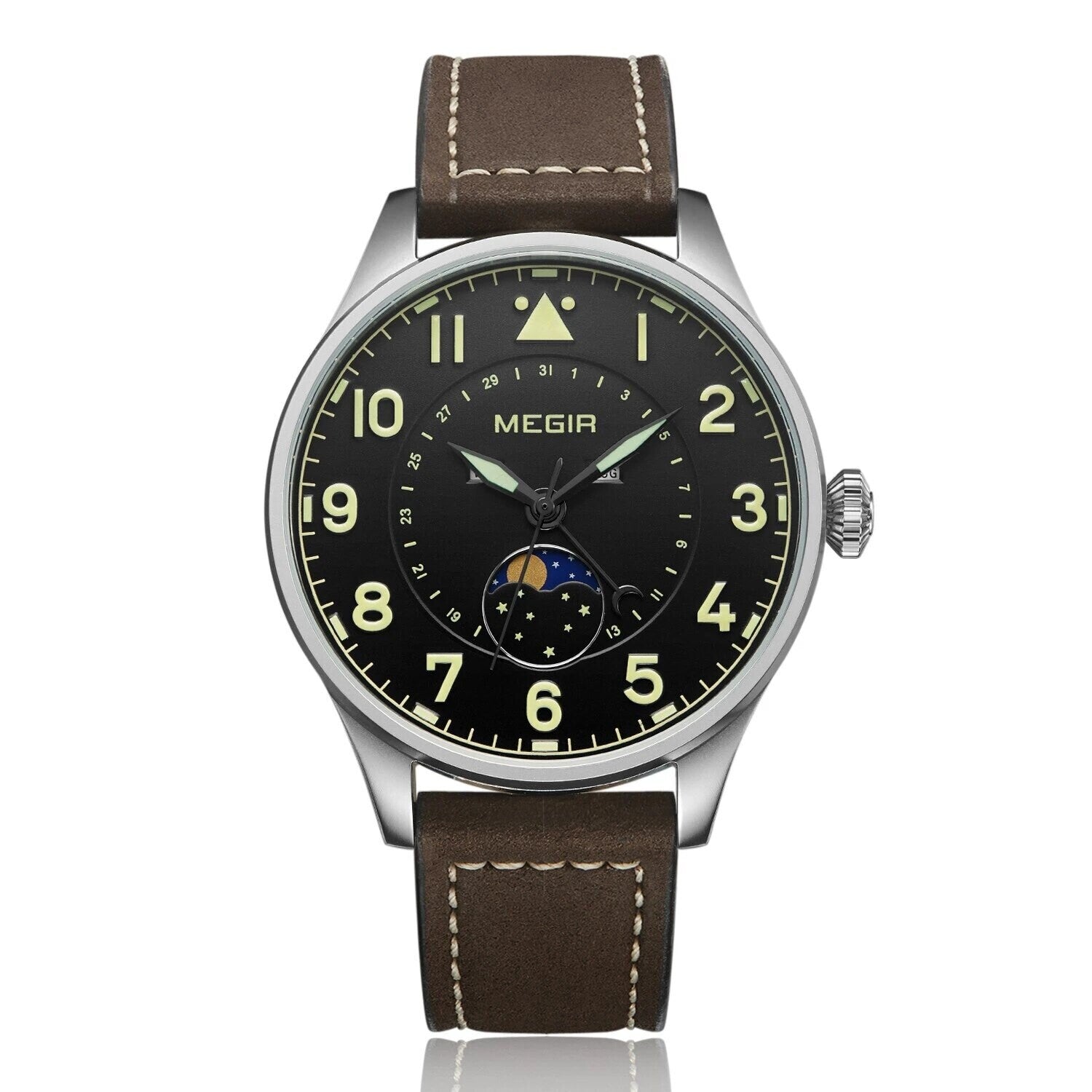 MEGIR 4193 men's moon-phase watch, silver case with black dial, luminous numerals and brown leather strap, front view