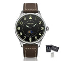 MEGIR 4193 men's moon-phase watch, silver case with black pilot dial and brown leather strap, with gift box